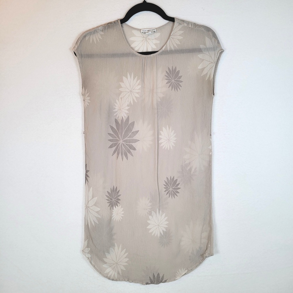 James Perse Women Floral Sheer Crinkle Gauze Tunic Top Blouse Size 0 Gray Floral